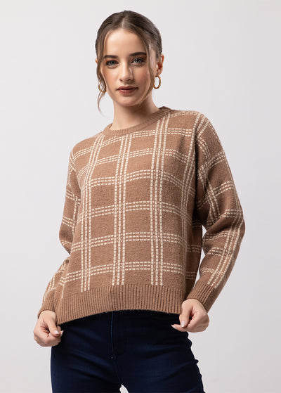 Jacqured Check Down Shoulder Crop Sweater
