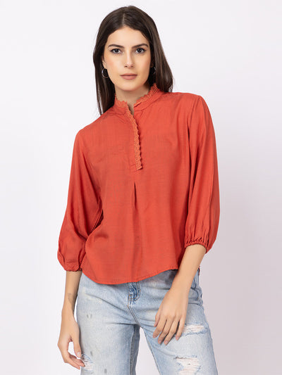 MODAL BLEAD SOLID 3/ 4 SLEEVES BAND NECK SHIRT WITH LACE DETAILLING