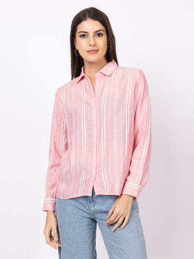 PRINTED SELF STRIPE BAND COLLAR F/S SHIRT