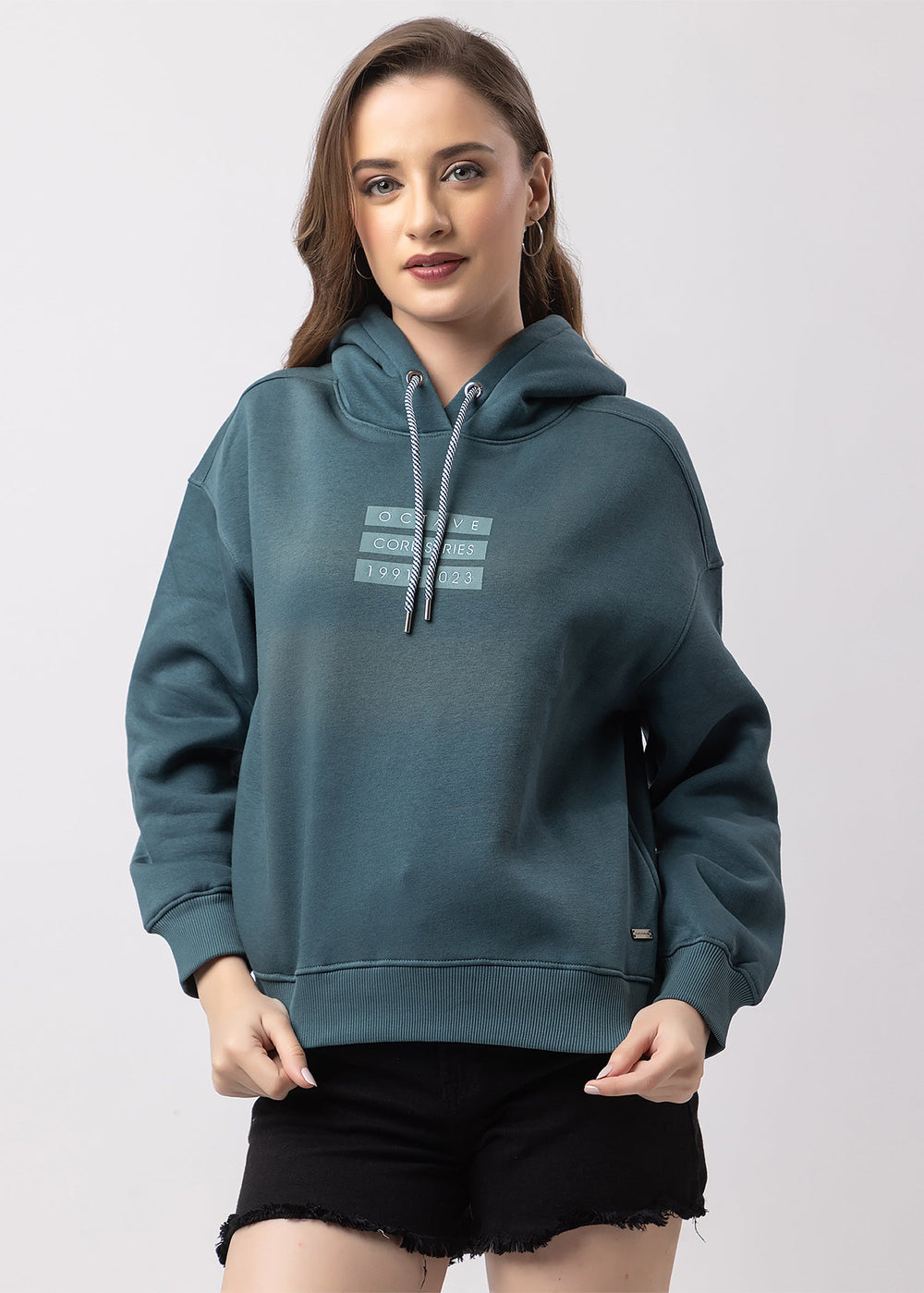 Fleece Hoody Sweatshirt with Side Pockets and Fur Inside Hood 